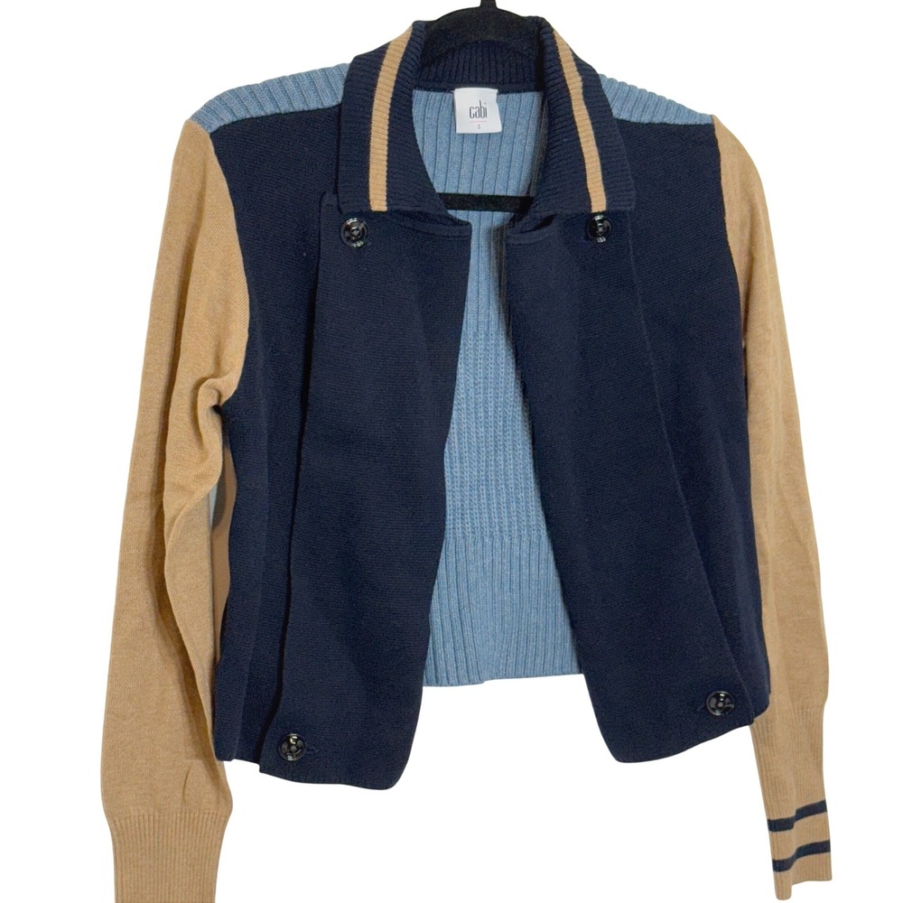 NWOT Cabi Turn Back Knit Colorblock Varsity Cropped Cardigan Navy Tan Blue Small